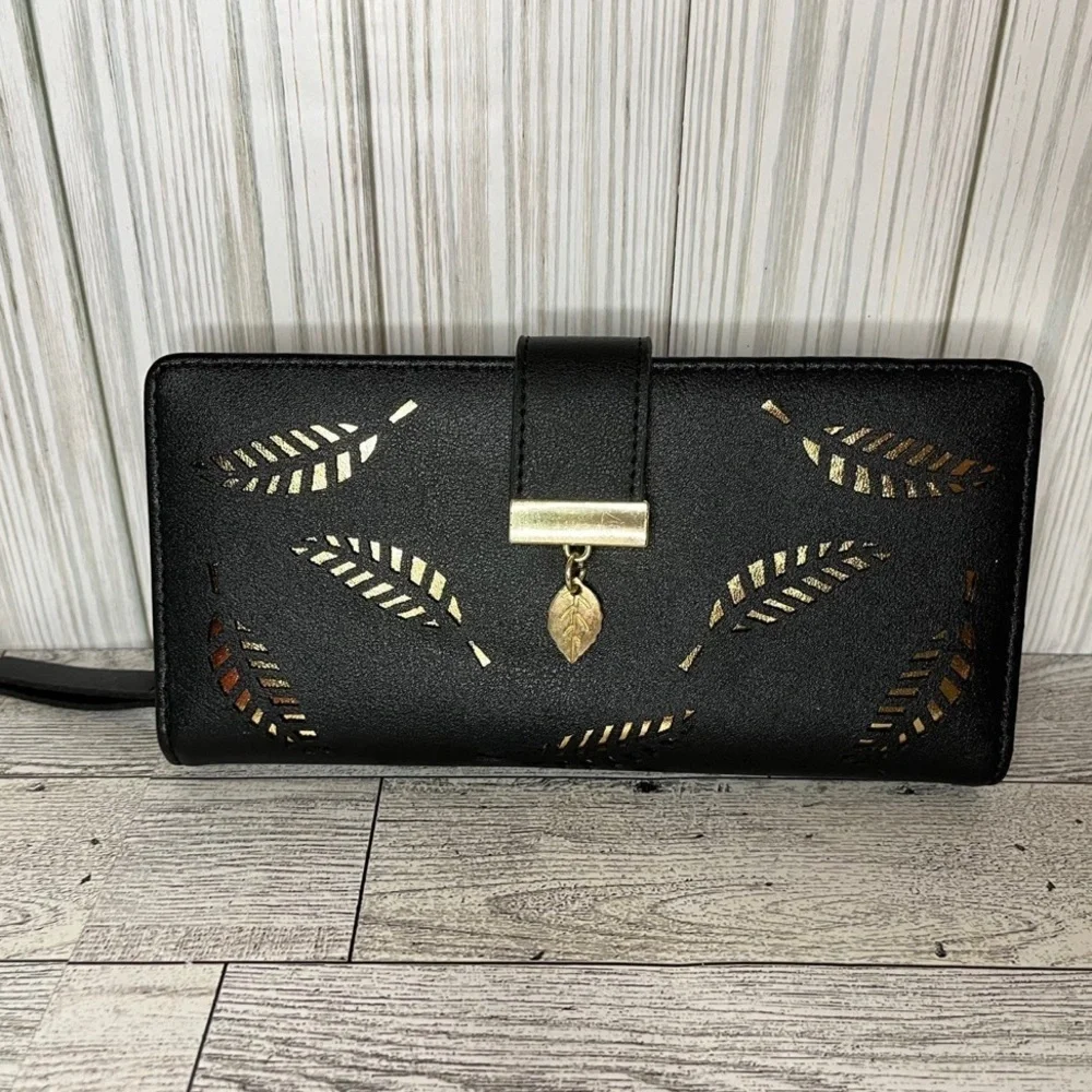 Black Long Wallet Golden Leaves Elegant Clutch NWT